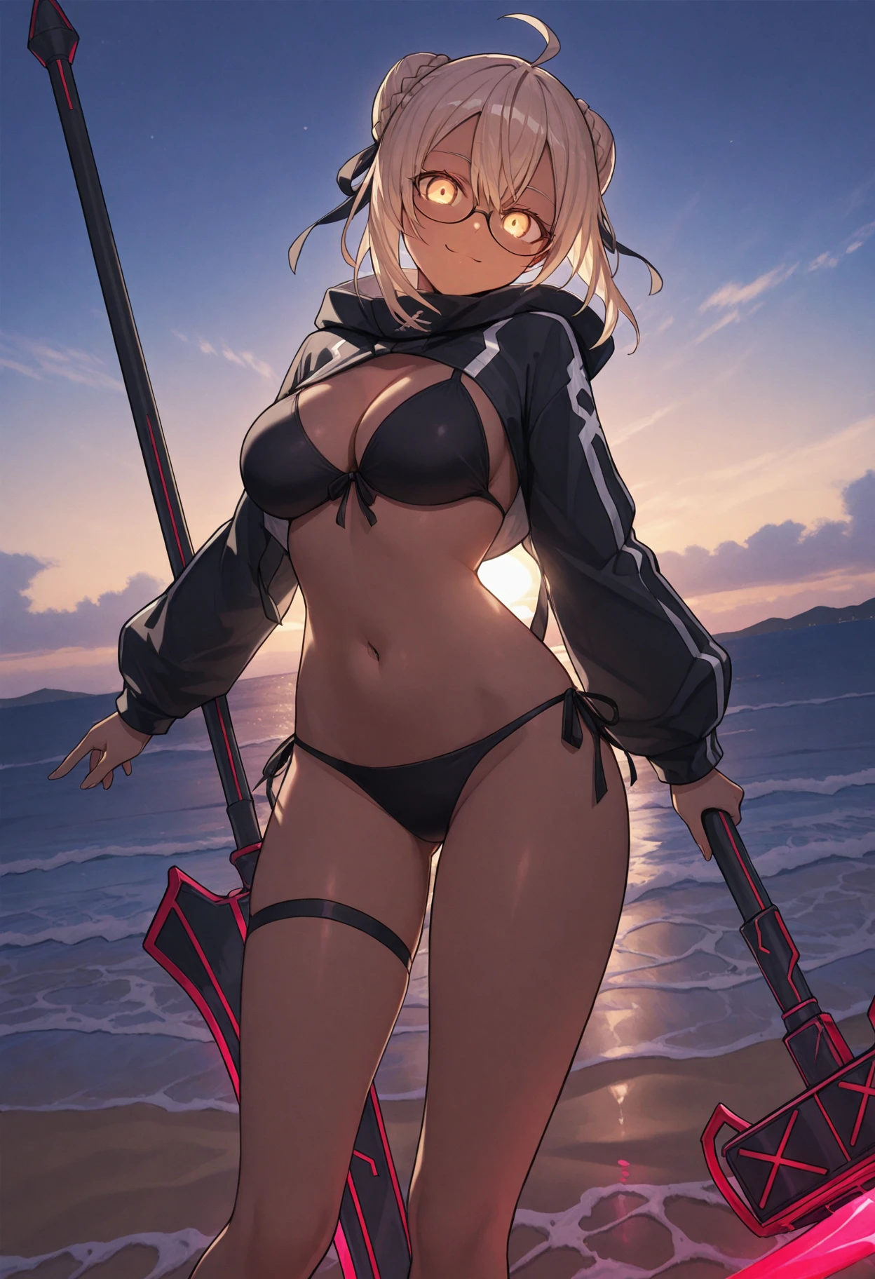 sea, tiny micro slingshot bikini, visor/sunshade,, blonde, dark skin, large breasts, cleavage, sexy(the slingshot micro bikini is extremely tight:1)
