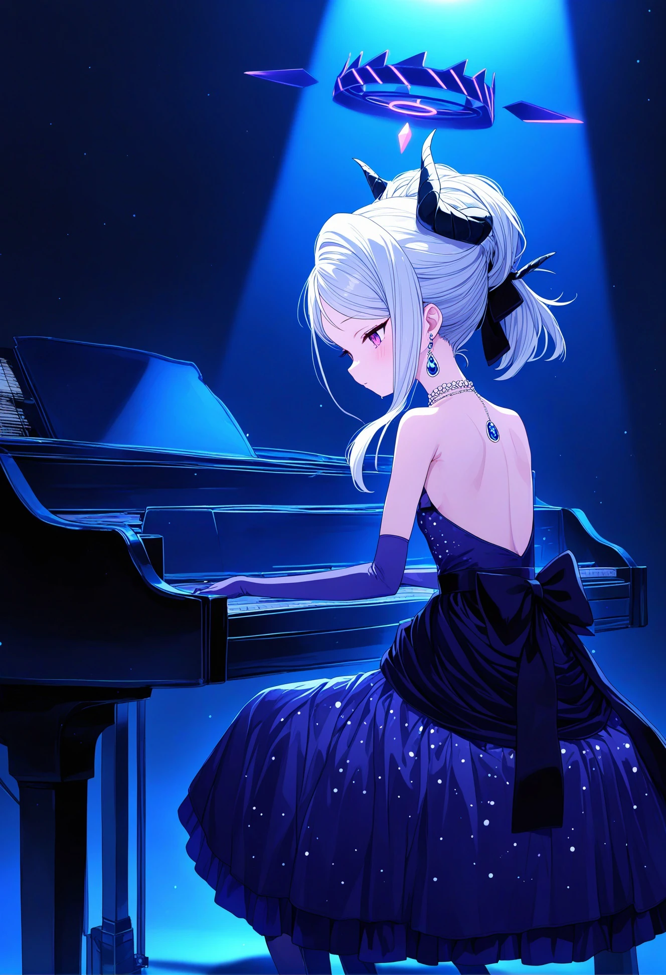 1girl, hina \(dress\) \(blue archive\), grand piano, playing piano, spotlight, night, blue theme, black theme