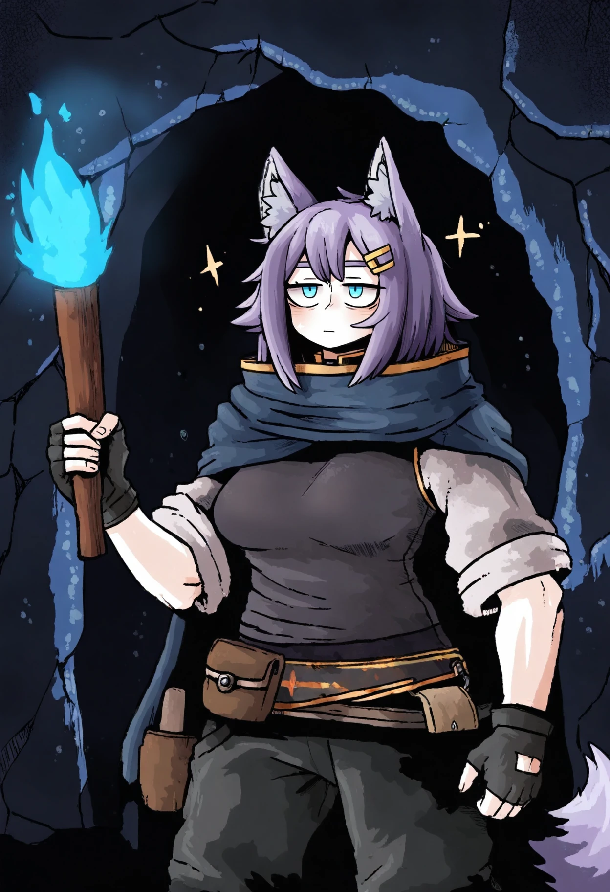 1girl, wolf ears, wolf tail, blue eyes, medium breasts, purple hair, detailed eyes,
solo, gloves, fingerless gloves, hair ornament, hairclip, cape, holding torch, sparkle, pants, black pants, standing,
cave, dark, cowboy shot,,
 <lora:octosoupIL-style:1>, octosoup,