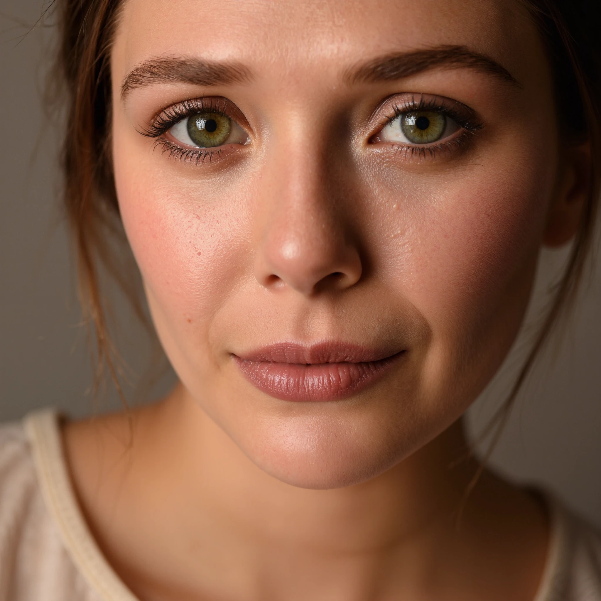 Closeup studio portrait of a woman with moist wet looking lips. Her eyes and lips are the main focus of the photograph.