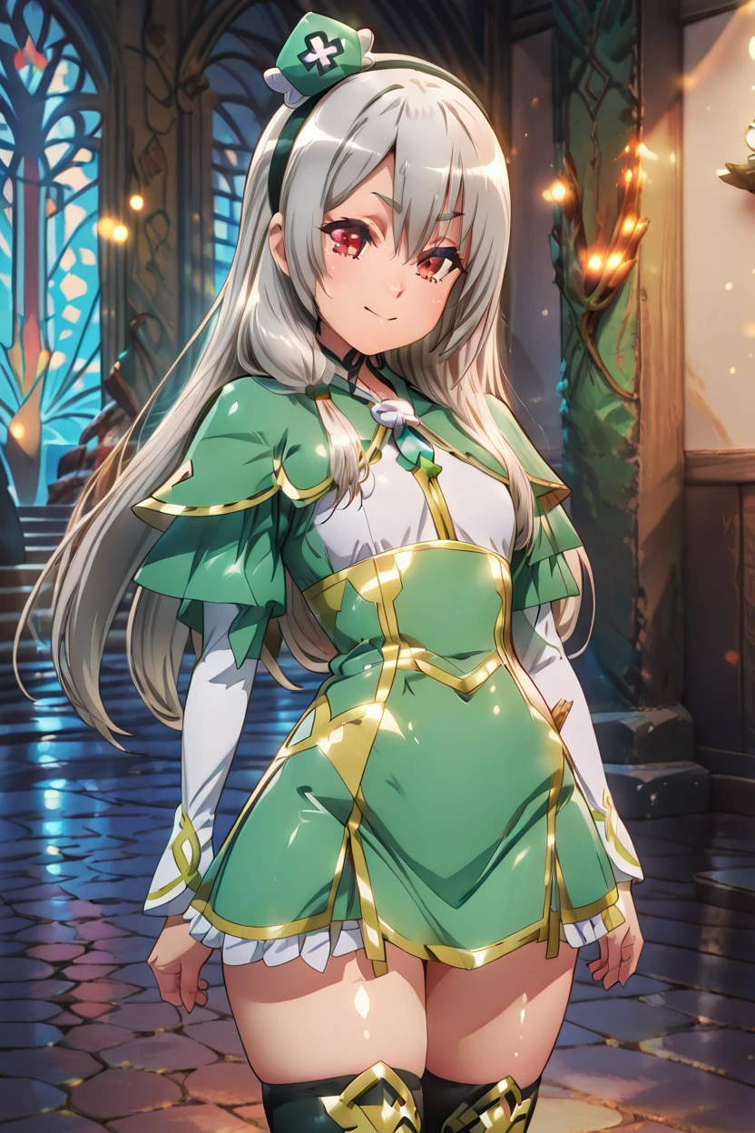 masterpiece, best quality, solo, curvy, beautiful eyes,zzMaidena, red eyes, hair between eyes, grey hair, long hair  hairband, boots, frills, black thighhighs, capelet, thigh boots, green dress, green headwear,  <lora:Maidena_FutokuNoGuild_IXL:1.0>, cowboy shot, hand on hip, smug, smile, looking at viewer, shiny skin,<lora:RealisticAnimeIXL_v2:1.0>, shiny skin, bokeh, luminescent background,