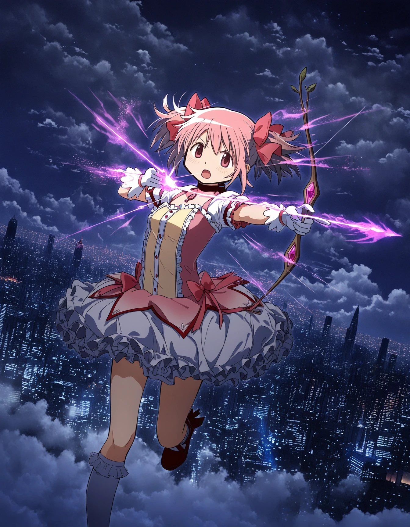 masterpiece, best quality, newest, absurdres, highres, safe, 1girl, kaname madoka, magia record: mahou shoujo madoka magica gaiden, solo, holding bow \(weapon\), aiming, magic, v-shaped eyebrows, open mouth, standing on one leg, cityscape, scenery, night, cloudy sky, dutch angle, <lora:96_chadmix_vpred10_1a.safetensors:1.0>,