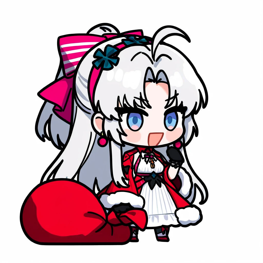 1girl,solo,holding sack,alternate costume,(santa costume),1girl,carlotta_\(wuthering_waves\),gloves,long hair,bow,black gloves,hair bow,blue eyes,pink bow,jewelry,earrings,breasts,ahoge,hand up,ponytail,white bow,parted bangs,white hair,chain,black bow,two-tone bow,medium breasts,sidelocks,hairband,
masterpiece,
<lora:padoru_NoobVpred10:1>,<lora:carlotta_NoobVpred10:1>,