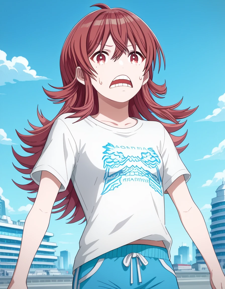 score_9, score_8_up, score_7_up, source_anime, <lora:kaho-komiya-s2-ponyxl-lora-nochekaiser:1>, kaho komiya, long hair, bangs, red eyes, hair between eyes, red hair,, shirt, white shirt, short sleeves, pants, t-shirt, blue pants, track pants, sweatpants,, floating city, sky, futuristic, architecture, clouds, , <lora:strawhat-huh-face-ponyxl-lora-nochekaiser:1> strawhat huh face, strawhat huh face, open mouth, teeth,, looking at viewer, solo,, dutch angle, cowboy shot