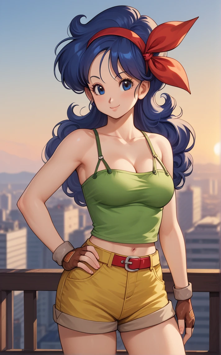 score_9, score_8_up, score_7_up, absurdres,contrapposto, hand on hip, sunset, sidelighting, cityscape, vanishing point, outdoors, depth of field, solo, looking at viewer, <lora:PONYXL_DragonBall_Launch_ownwaifu:1> BREAK GoodLaunch_BlueHair_ownwaifu, 1girl, blue hair, breasts, eyelashes, long hair, green tank top, curly hair, blue eyes, cleavage, hairband, hair ribbon, fingerless gloves, midriff, medium breasts, bare shoulders, yellow shorts, red hairband, navel, collarbone, belt, short shorts, red ribbon, brown gloves, bare legs, camisole, spaghetti strap, big hair, <lora:add-detail-xl:0.15>,