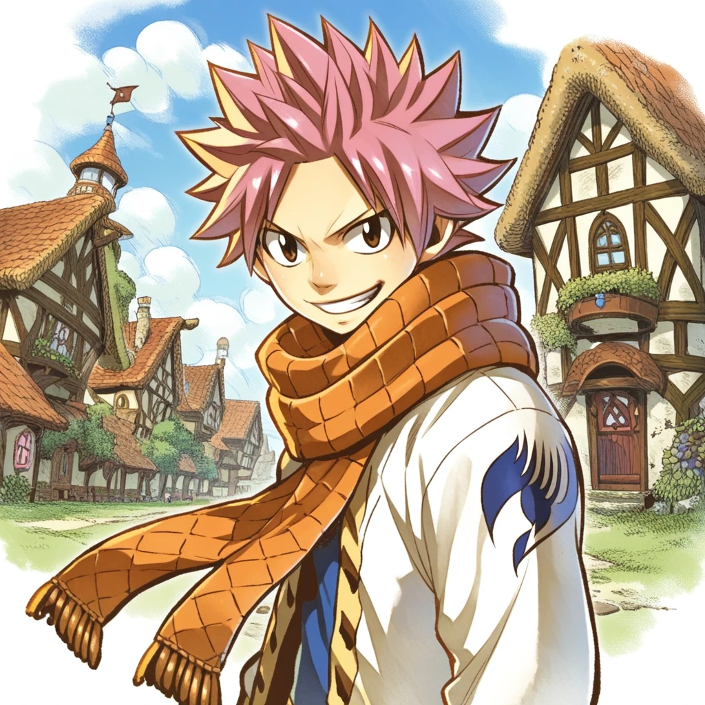 HiroMashima, 1boy, ((natsu_dragneel)), male_focus, fairy_tail, solo, spiked_hair, scarf, smiling, BREAK, medieval fantasy town background, score_9, score_8_up, score_7_up, masterpiece, best_quality