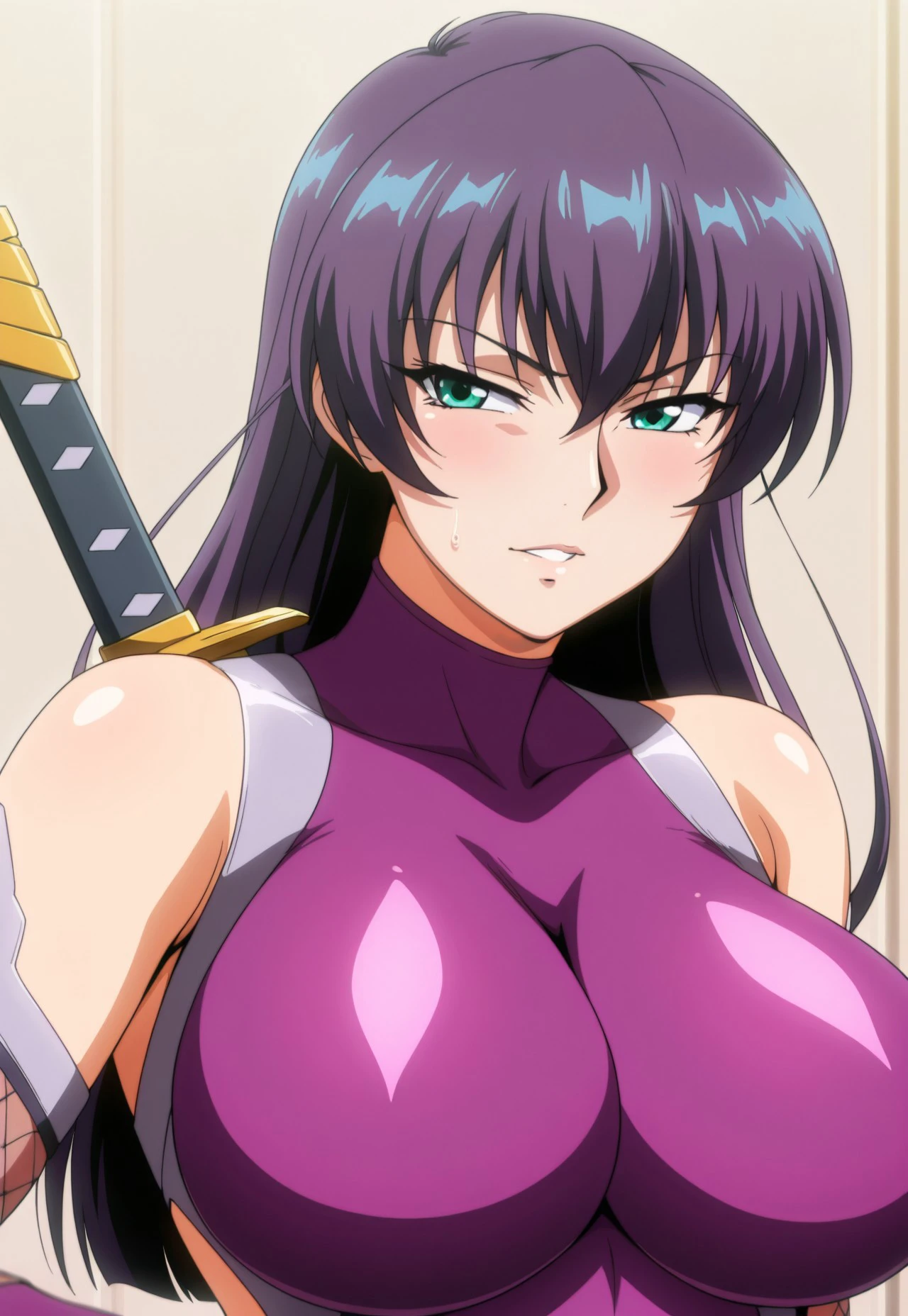 safe_pos, 1girl, solo, long hair,large breasts,green eyes, bodysuit, purple bodysuit, impossible clothes, fishnets, gloves, bangs, bare shoulders, sword, face focus, upper body,  happy, smirk, gray walls, indoors, 

masterpiece,best quality,amazing quality,anime coloring,