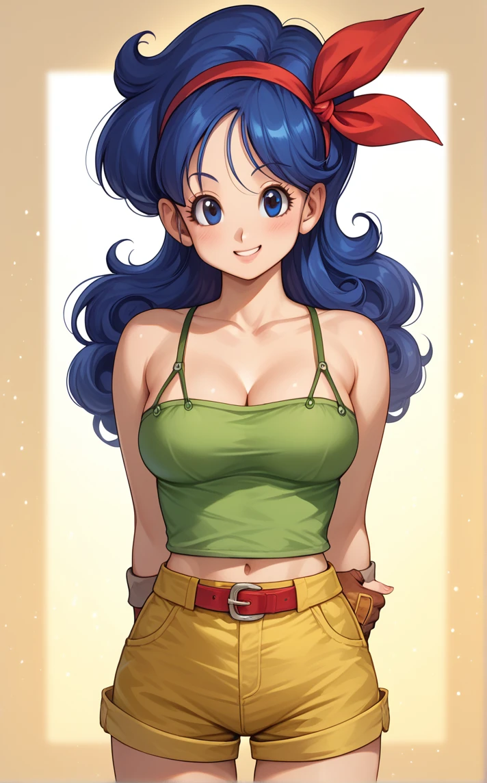 score_9, score_8_up, score_7_up, absurdres,contrapposto, arms behind back, cowboy shot, looking at viewer, backlighting, light smile, light particles, blurry background, depth of field, bloom, gradient background, yellow background, spotlight, <lora:PONYXL_DragonBall_Launch_ownwaifu:1> BREAK GoodLaunch_BlueHair_ownwaifu, 1girl, blue hair, breasts, eyelashes, long hair, green tank top, curly hair, blue eyes, cleavage, hairband, hair ribbon, fingerless gloves, midriff, medium breasts, bare shoulders, yellow shorts, red hairband, navel, collarbone, belt, short shorts, red ribbon, brown gloves, bare legs, camisole, spaghetti strap, big hair, <lora:add-detail-xl:0.15>,