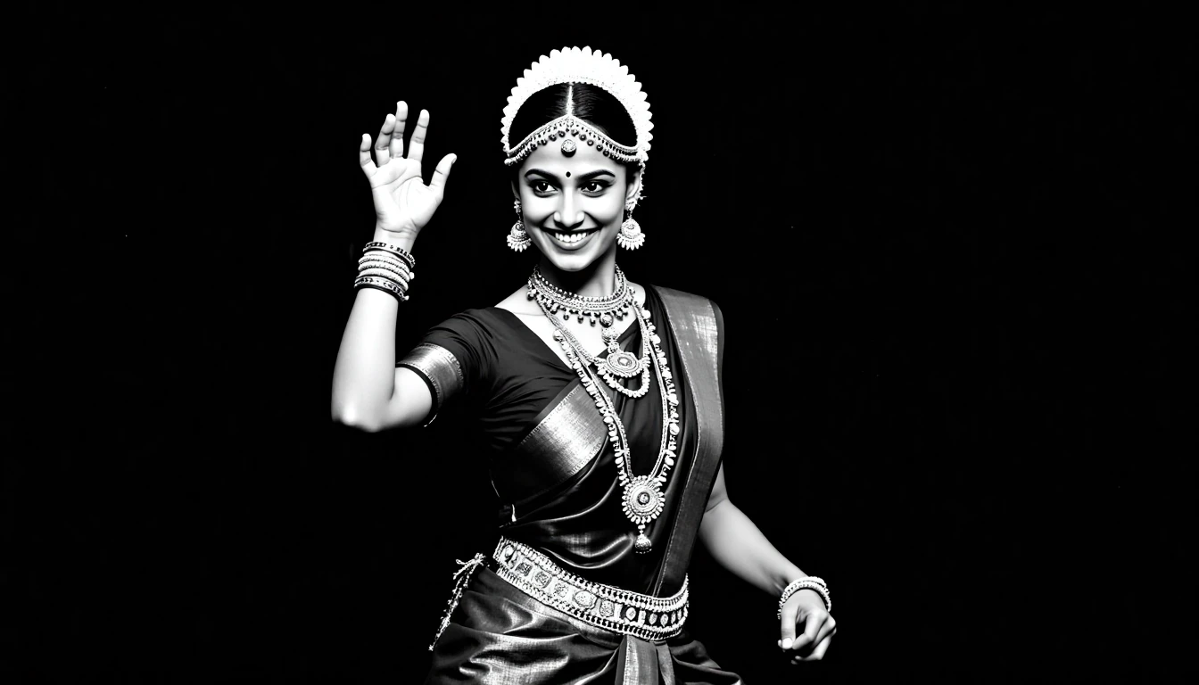 Medium shot of meencohwx , performing Bharatanatyam dance.  She's adorned with elaborate traditional Indian jewelry, including a beaded tiara, multiple necklaces with intricate pendants and a decorative belt.  The costume is a dark, flowing, sari-style garment.  The dancer's hands are raised in expressive, graceful gestures, and her face conveys a joyful, enthusiastic expression.  Intricate details and rich textures of the jewelry and costume are emphasized.  The background is pure black, focusing attention completely on the dancer.  The lighting is even, creating a classic, timeless aesthetic.  The composition is centered on the dancer with a strong, frontal perspective.  The style is characteristic of classical Indian dance photography.  Black and white, likely a vintage film print, further complements the historical aesthetic.