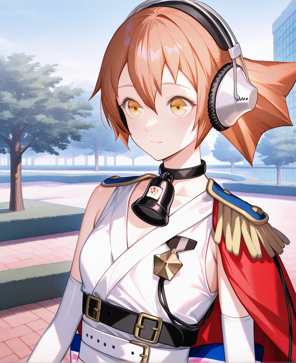 artist:gomzi,artist:wanke,artist:diyokama, rei_(sanbonzakura),[[artist:fuzichoco]],year 2023, 
park, solo,
aria \(caligula\), yellow eyes, orange hair, ponytail, headphones, neck bell, white dress, sleeveless dress, red capelet, multiple belts, elbow gloves, white gloves, epaulettes, bell, multicolored ribbon,
upper body, 