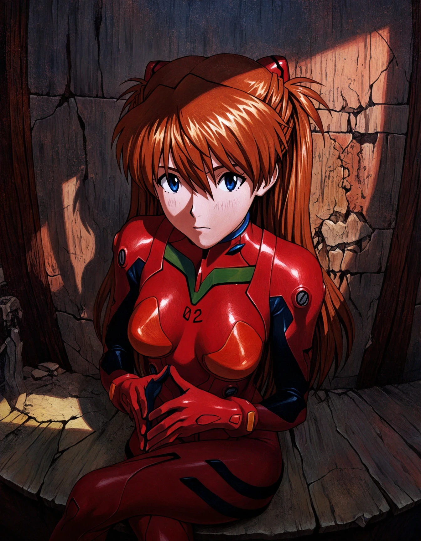 masterpiece, best quality, absurdres, oil painting medium, chiaroscuro,   asuka langley, plugsuit, sitting, steepled fingers, looking at viewer, crossed legs, window shadow, fisheye, ruins <lora:96_chadmix_vpred10_1a.safetensors:1.0>, <lora:96_chiaroscuro_vpred10_1a-000022.safetensors:1.0>,