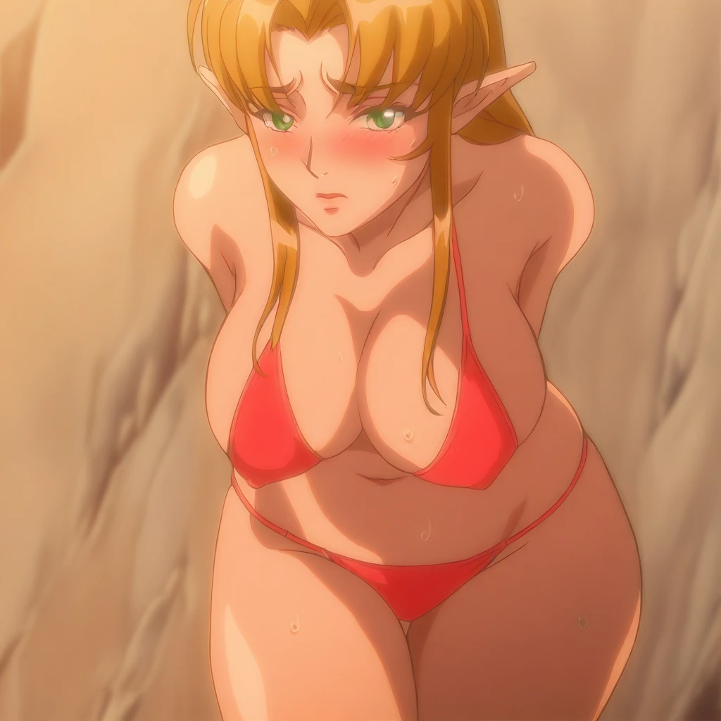 (T5UM4N3T0R1:1.2), an anime style image, a woman poses at the beach wearing a tiny bikini, Standing at attention, 1girl, blonde hair, green eyes, Princess Zelda, pointy ears, solo, bikini, sweat, sunny, blushing, embarrassed, large breasts, thighs, detailed skin, looking at viewer, in the center of the image, masterpiece, best quality, good quality, newest,  NSFW,official art,extremely detailed CG unity 8k wallpaper, perfect lighting,Colorful, Bright Front face Lighting, outdoors,