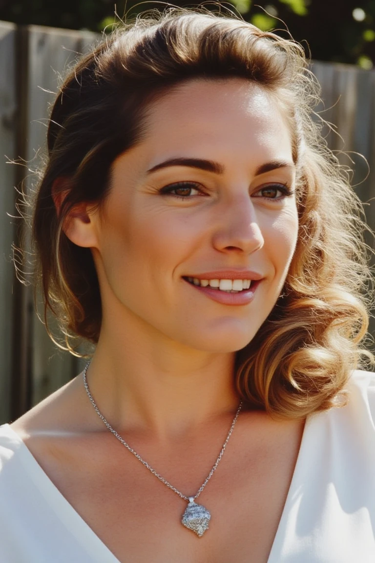 kellybflx, analog film shot of a woman with medium, wavy hair and dark brown eyes. She is smiling, her lips are slightly parted, and she is wearing a silver necklace with a silver pendant. The woman's hair is pulled back in a ponytail. The background is blurred, but it is a sunny day, and there is a wooden fence in the background.