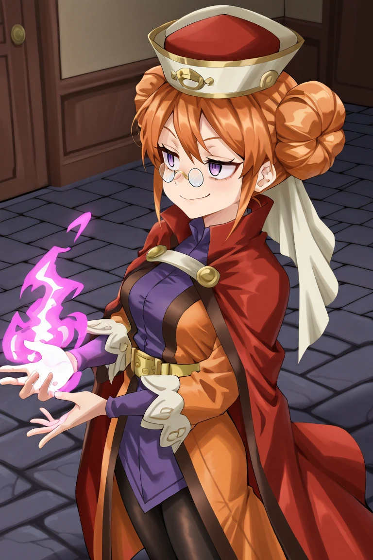 <lora:EudyIL:0.8>, eudef, 1girl, purple eyes, orange hair, double bun, doughnut hair bun, (pince-nez glasses), red cape, hat, veil, black leggings, orange coat, shirt under coat, purple shirt, yellow belt, smug smile, crazy eyes, cobblestone floor, interior, looking to the side, holding magic in hands, explosive magic, (from side),  (one hand at side), solo, masterpiece, very aesthetic, absurdres, best quality, amazing quality, high resolution, detailed background,  <lora:illustrious_quality_modifiers_masterpieces_v1:0.8> ,