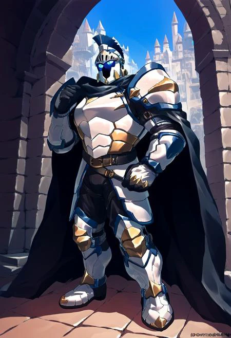 score_9, score_8_up, score_7_up, source_anime, solo, 1boy, ae_dyne, knight, helmet, faceless, blue eyes, cloak, breastplate, shoulder pads, gloves, pants, boots, bara, standing, castle,