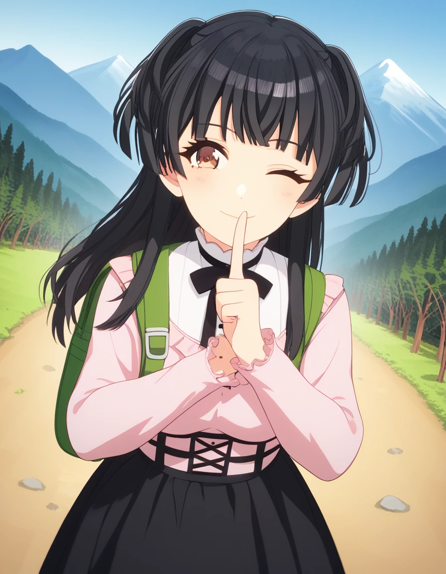 score_9, score_8_up, score_7_up, source_anime, <lora:fuyuko-mayuzumi-s2-ponyxl-lora-nochekaiser:1>, fuyuko mayuzumi, black hair, brown eyes, long hair, two side up, medium breasts,, black bow, black bowtie, black ribbon, black skirt, bow, bowtie, frilled shirt, frills, jirai kei, long sleeves, neck ribbon, pink shirt, ribbon, shirt, skirt, white shirt,, mountain trail, hiking, nature, backpack, adventure, fresh air, smile, <lora:shushing-ponyxl-lora-nochekaiser:1>, shushing, finger to mouth, index finger raised, from above, library, smile, blush, one eye closed, dutch angle,, looking at viewer, solo,, dutch angle, cowboy shot