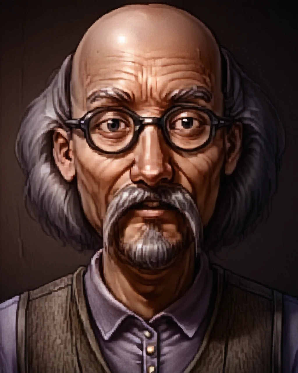 <lora:Illustrious_-_Baldurs_Gate_I_-_Portraits_-_1998:1.0> baldur's gate official portrait, character, solo,  <lora:Lou_Pickles_PONY:0.9> lou_pickles, old man, old, 1boy, solo, grey hair, bald, black eyes, glasses, black-framed eyewear, facial hair, mustache, purple shirt, shirt, collared shirt, vest, long sleeves,