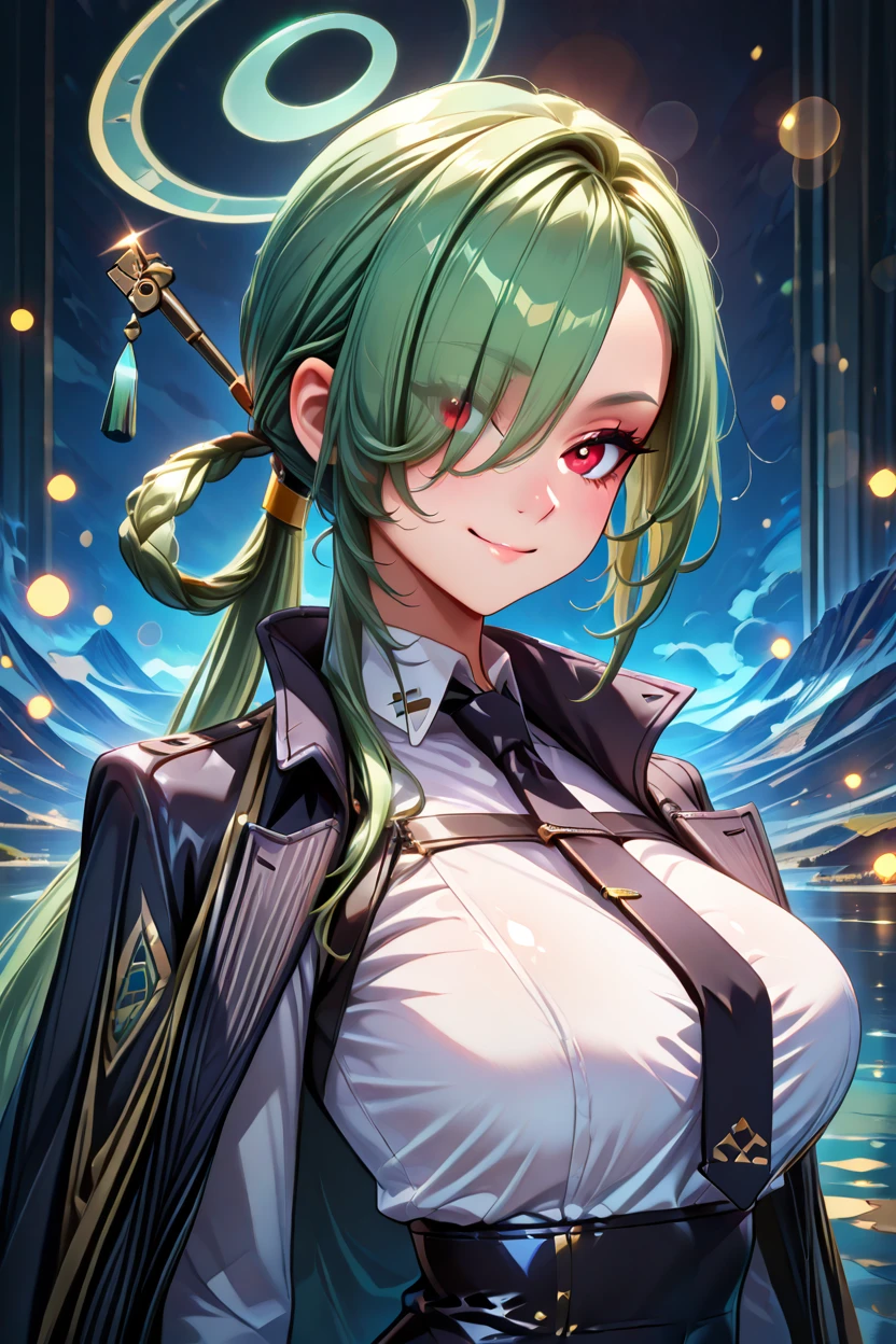 masterpiece, best quality, solo, curvy, beautiful eyes, zzMina, long hair, halo, green hair, hair over one eye, red eyes, hair ornament, hair rings, hair stick, black necktie, high-waist pants, white shirt, black gloves, black pants, jacket, long sleeves, coat on shoulders, collared shirt, hair stick, striped coat, <lora:MinaBluearchiveIXL:1.0>, upper body, side view, smile, looking at viewer, shiny skin,<lora:RealisticAnimeIXL_v2:1.0>, shiny skin, bokeh, luminescent background,