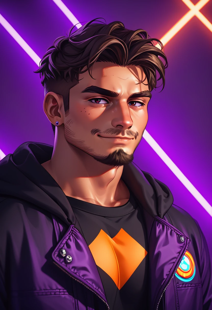 Masterpiece, score_9, score_8_up, beautifully detailed, male, black hoodie,  (lines_light_background:1.2), gradient orange to purple background, white neon line background, <lora:line_background:1>,  dark, smirk, dynamic background, revealing chest, sexy pose, mature, stubble beard,