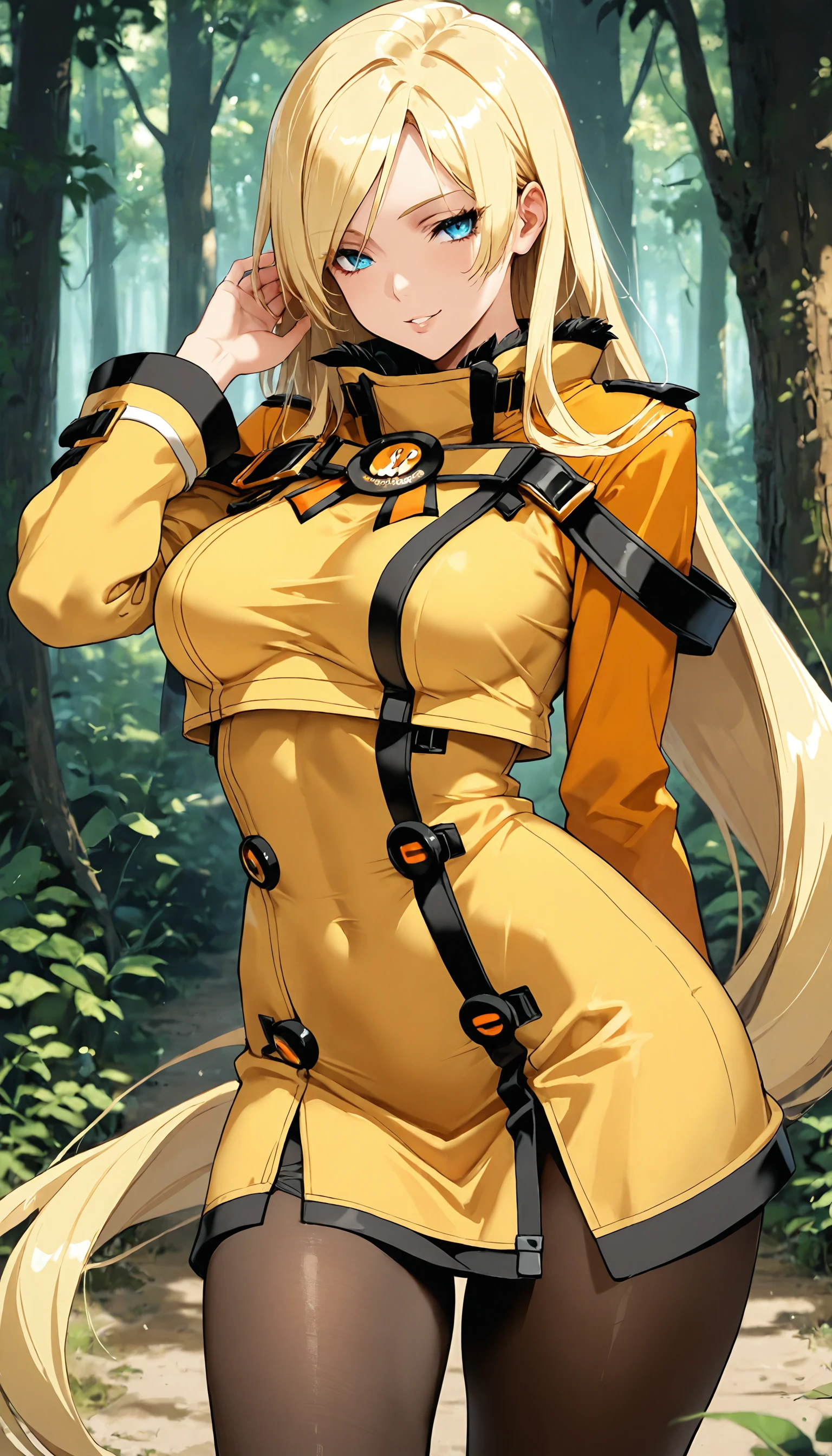 1girl, millia rage , guilty gear,cowboy shot, forest, hand on ear,medium large breasts, parted lips,seductive smile, town pantyhose, ,, masterpiece, best quality, amazing quality, detailed background, intricate details