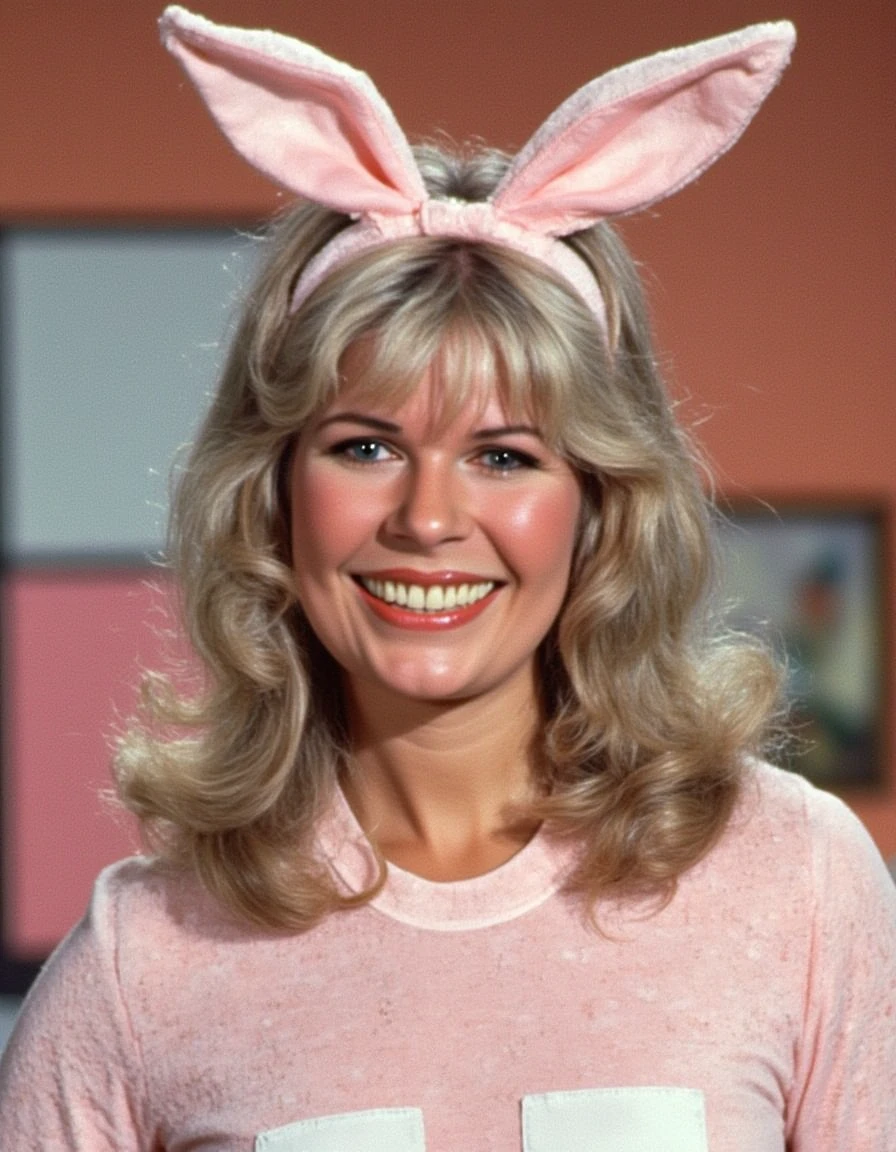 <lora:loretta-swit-hotlips-houlihan-flux:1.1> a woman wearing a playboy bunny outfit in the 70s