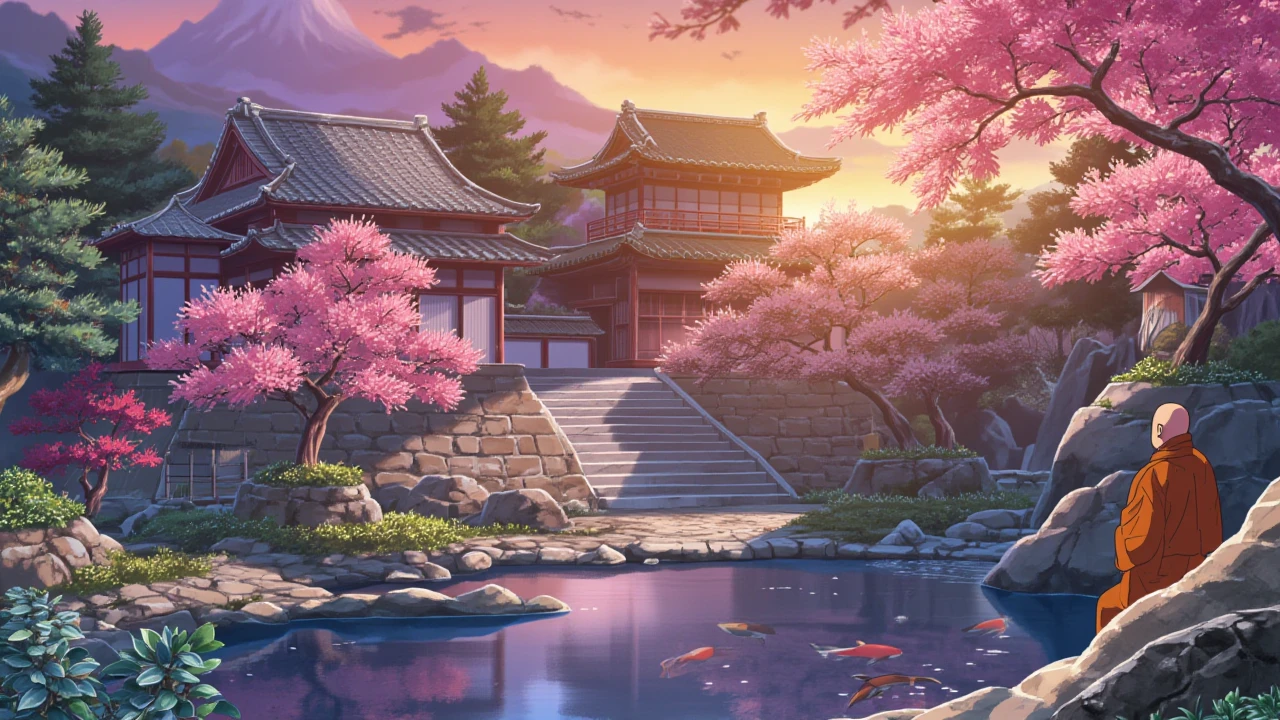 anime screencap in yn artstyle, A serene ancient Japanese temple surrounded by vibrant cherry blossom trees in full bloom. The scene is viewed from a low angle at dusk, with warm orange and purple hues blending in the sky. A lone monk in a flowing orange robe meditates on the temple steps, with a tranquil koi pond in the foreground reflecting the vibrant colors of the sunset.