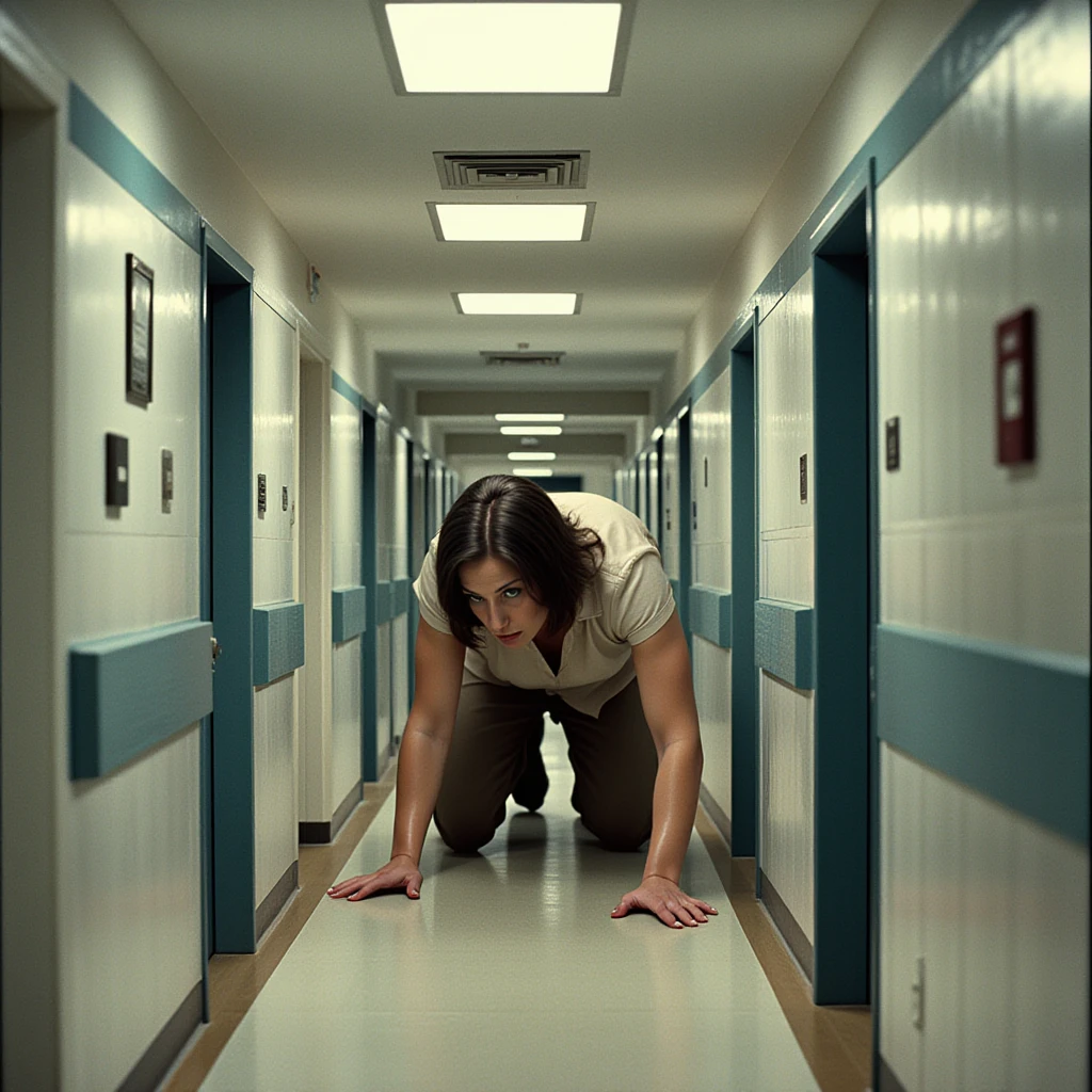 netflix movie screencap, giant-sized woman crawling through a confined hallway, wide-angle perspective emphasizing her giant size
