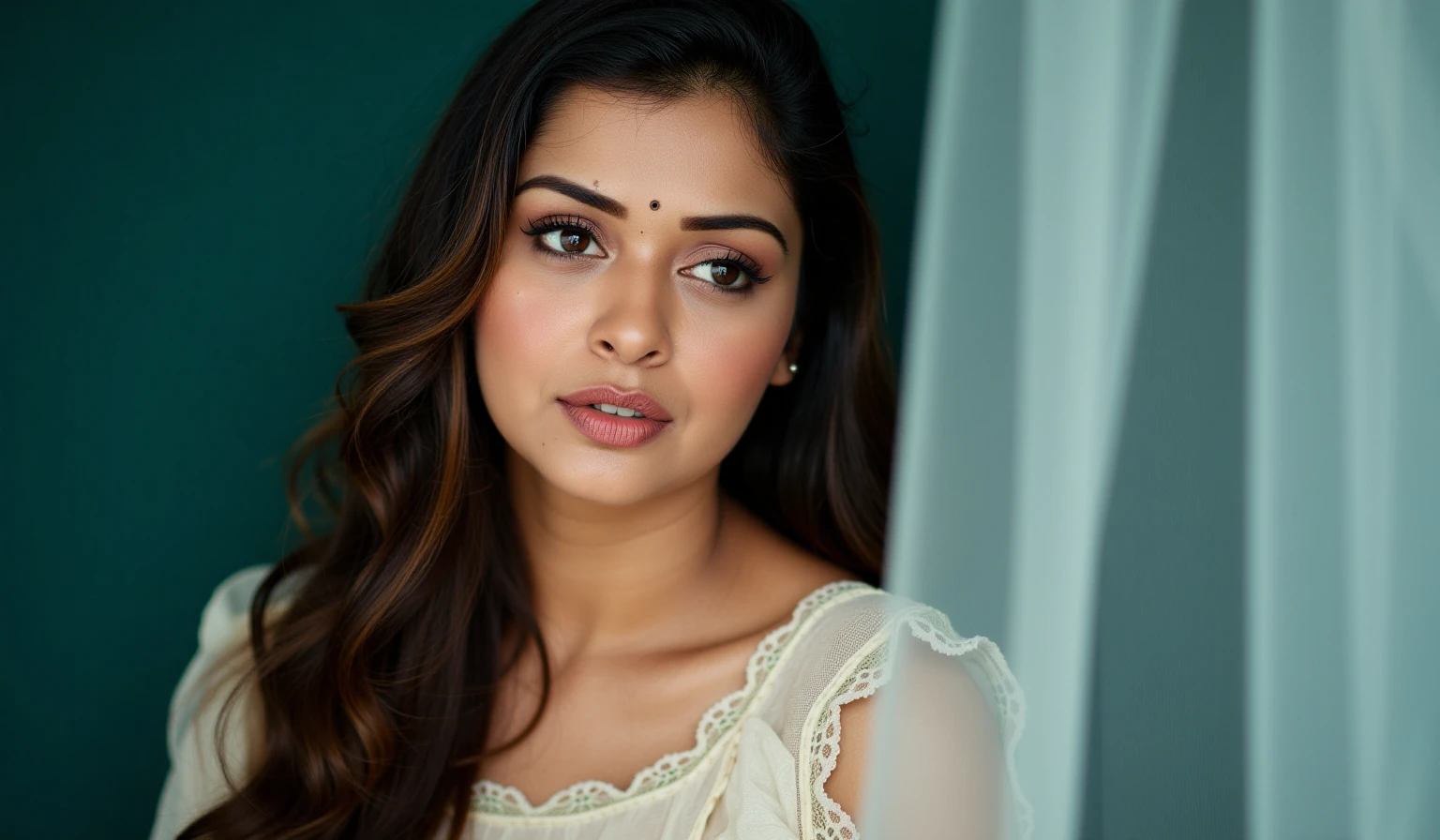 Close-up portrait of payalrajputukohwx .  Her gaze is directed slightly off to the viewer's right.  She has long, dark brown hair, styled in loose waves, framing her face.  She is wearing a lacy, off-white, vintage-inspired top with delicate lace detailing around the neckline.  Her expression is pensive and slightly melancholic, reflecting a quiet contemplation.  Her lips are soft pink and full.  Her skin is smooth and luminous, with subtle highlights from the light source.  Visible light patterns create a unique texture on her face, highlighting her cheekbones and emphasizing her features.  Soft, diffused teal-toned background emphasizes the subject’s features within a delicate, ethereal aesthetic. The lighting is soft and diffused, highlighting her features and creating a soft, almost dreamlike atmosphere.  The background is out of focus and a pale teal color, creating a dramatic contrast against the dark background.  A sheer, translucent veil or fabric is visible in the mid-ground, adding to the ethereal ambience. The composition is a close-up, focusing on the facial expression, features, and the play of light. The overall style is suggestive of fine art portraiture, romanticism, and delicate beauty, emphasizing soft diffused light, and an atmospheric mood.
