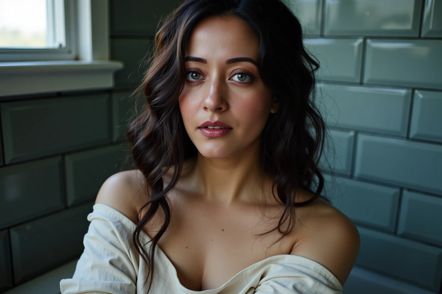 Close-up portrait of raimasenukohwx  with dark, wet, wavy hair.  She  wears a light, sheer, slightly oversized,  white, possibly linen, blouse,  saturated with water droplets.  Her expression is contemplative, almost melancholic.  Her gaze is directed directly at the viewer,  with a subtle sadness.  Her lips are a soft, natural pink.  Her eyes are a light gray-blue.  Her skin is smooth and clean, with a delicate flush to her cheeks. She has full but not full-fledged facial contours. Her body language conveys a sense of quiet introspection.  The environment is a dimly lit bathroom with vintage, muted, bluish-gray tiles.  A small portion of a white window is visible in the background.  Water droplets are clearly shown on the woman's face and clothing.  The lighting suggests a natural light source filtered through a window, casting subtle shadows.  Muted, muted tones, and a slightly desaturated color palette dominate the piece,  accentuating the thoughtful mood.  The composition centers the woman in a close-up perspective, leading the focus to her expression.  The overall style is reminiscent of a nostalgic, intimate portrait, possibly inspired by 19th-century photographic depictions of ethereal beauty or evocative portraiture.
