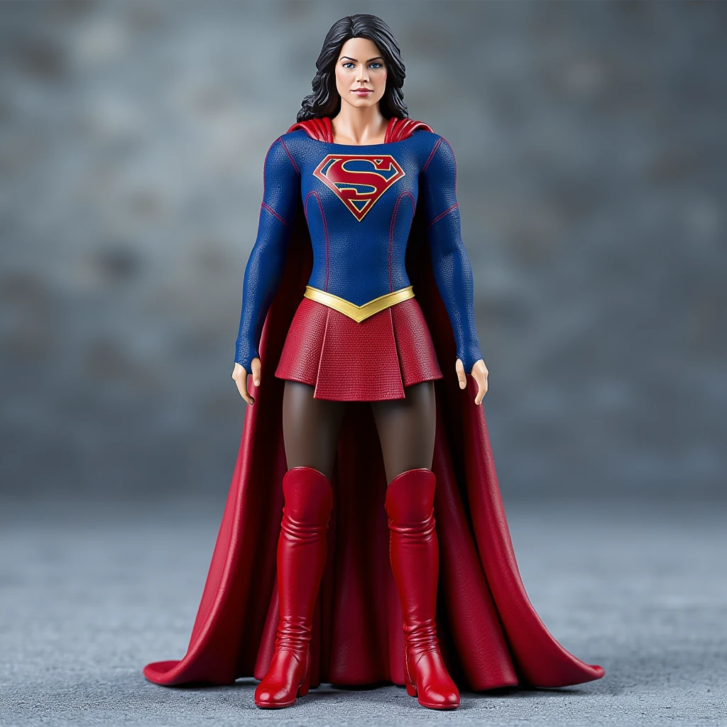 image picturing an action figure dressed in red and blue sg outfit shirt cape belt skirt tights boots