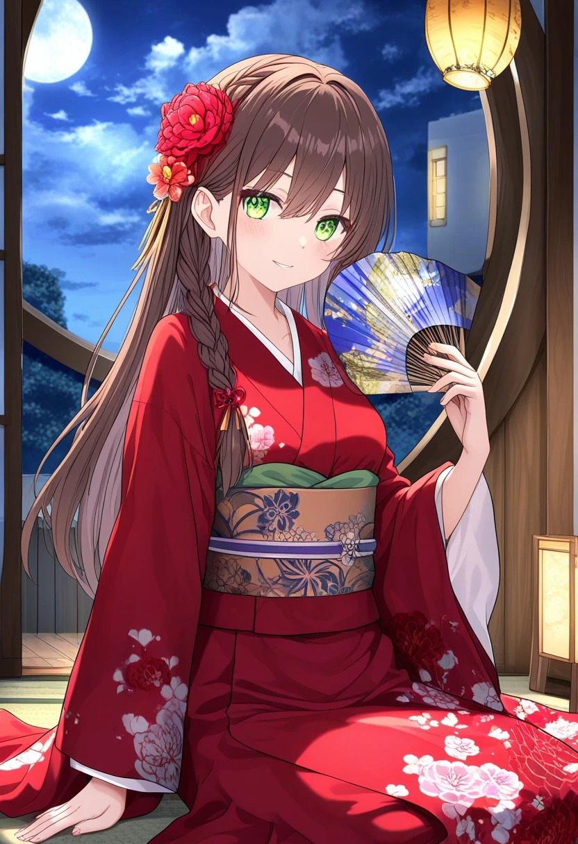 1girl, general, indoors, full moon, hair flower, long hair, night, red kimono, fingernails, green eyes, moon, red flower, braid, tatami, hand fan, floral print, japanese clothes, looking at viewer, kimono, window, obi, sky, hair ornament, solo, sitting, sash, cloudy sky, brown hair, folding fan, cloud, moon gate, holding fan, holding, night sky, indoors, flower, wide sleeves