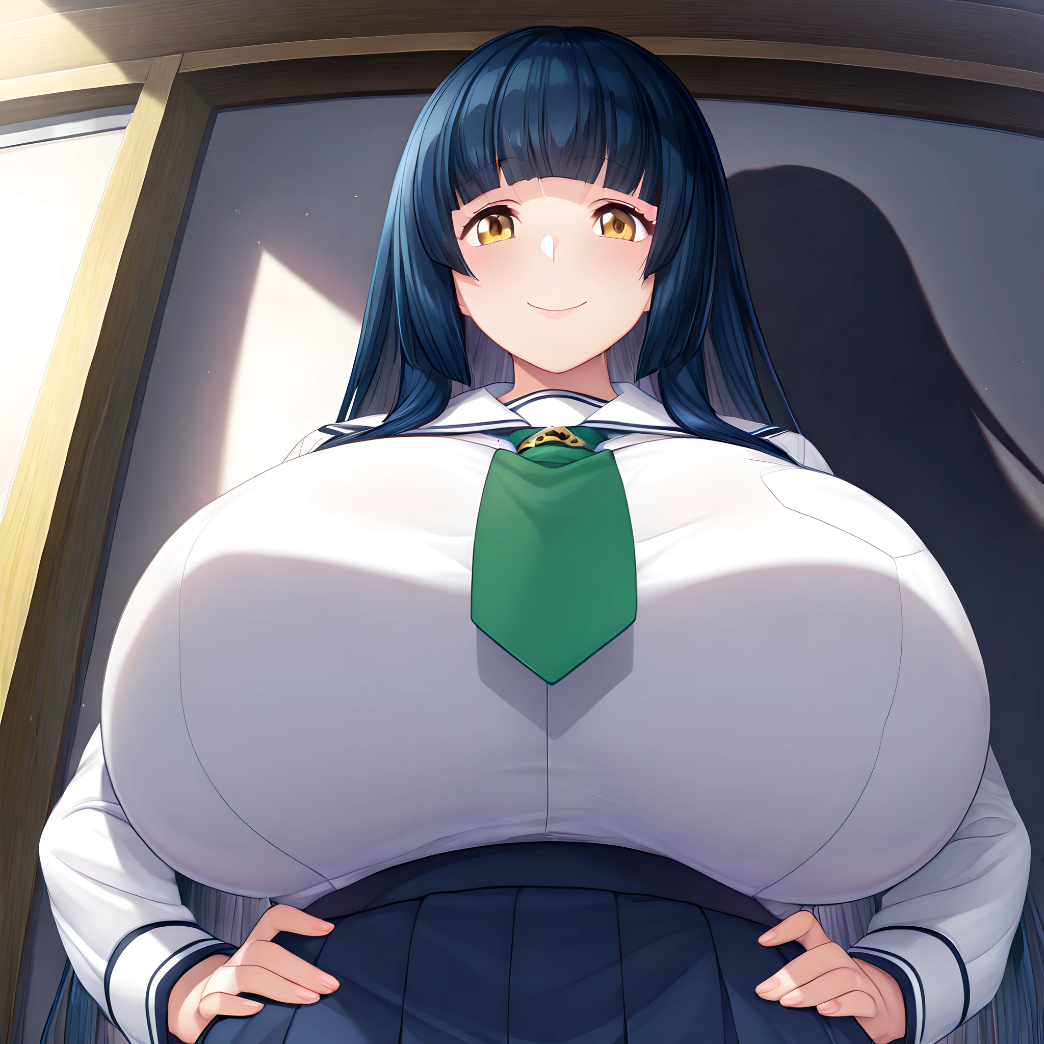 mikami chizu, 1girl, breasts, green necktie, solo, skirt, long hair, yellow eyes, huge breasts, white school uniform, blue pleated skirt, shirt, upper body view, hand on hips, smile, <lora:MikamiChizuIllustXL:1>, (masterpiece),(best quality),(ultra-detailed),(best illustration),(best shadow),(absurdres),(detailed background),(very aesthetic),