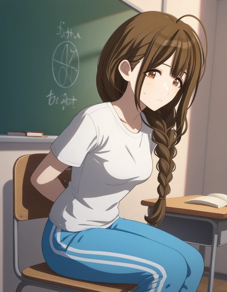 score_9, score_8_up, score_7_up, source_anime, <lora:chiyuki-kuwayama-s2-ponyxl-lora-nochekaiser:1>, chiyuki kuwayama, long hair, bangs, brown hair, brown eyes, braid, ahoge, single braid, hair over shoulder, braided ponytail, medium breasts,, shirt, white shirt, short sleeves, pants, t-shirt, blue pants, track pants, sweatpants,, classroom, chalkboard, daytime, studying, sitting, chair, desk, , hands behind back, bent over,, looking at viewer, solo,, dutch angle, cowboy shot