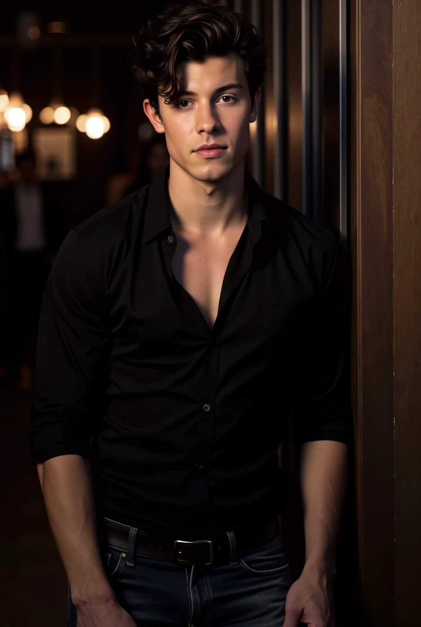 Shawn Mendes. The image is a high-resolution photograph of Shawn Mendes with short, dark, wavy hair styled to the side. He is leaning against the wall in a dimly lit nightclub. He has a light complexion and expressive blue eyes. His facial expression is neutral, looking at the viewer. He is wearing a black buttoned-up shirt with the sleeves rolled up to his elbows. He is wearing fitted denim jeans with a black belt and silver buckle.