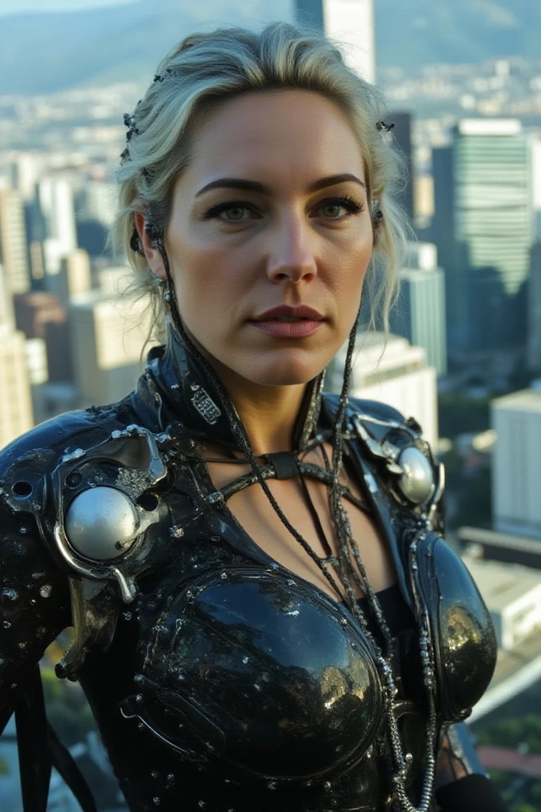 (photo of a cybernetic woman), (soft even lighting), (futuristic city behind), (wearing cybernetic clothes in cyberpunk world), detailed face, detailed eyes, ((medium body  portrait)), masterpiece, ((best quality)), (eye contact), looking at the viewer, centred, shot from front