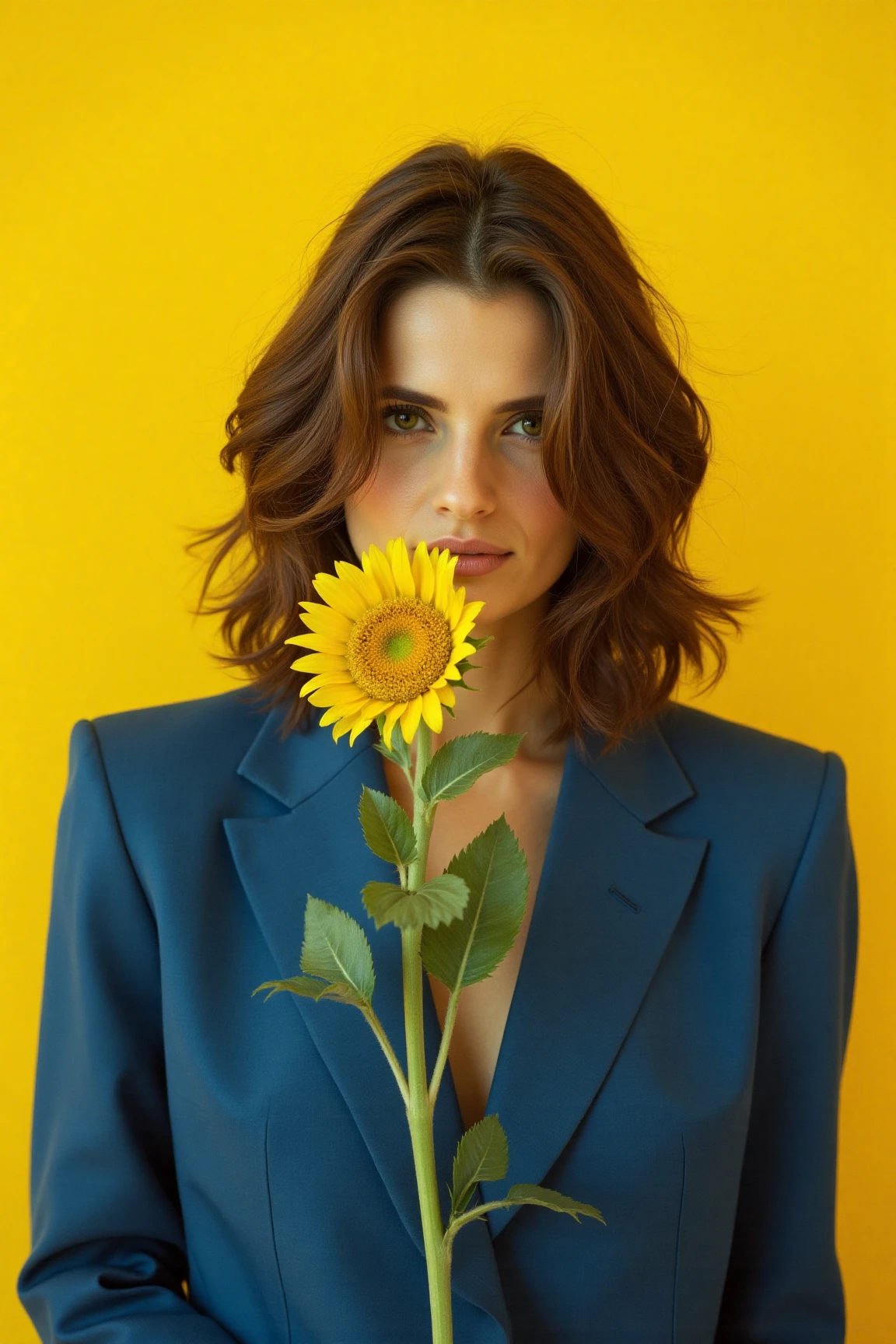 A minimalistic and artistic close up analog film photo of a brunette woman holding a vibrant yellow sunflower. She wears a bold, tailored blue suit with sharp lines, contrasting beautifully with the soft vibrant yellow background. Her hair gently falls over one side of her face, adding an effortless and contemporary feel. The composition exudes a serene yet confident mood, with the delicate flower symbolizing a harmonious blend of nature and high fashion. The image emphasizes muted tones, natural beauty, and modern elegance. She is giving a big candid smile showing her teeth. The photo has kodak film colours.