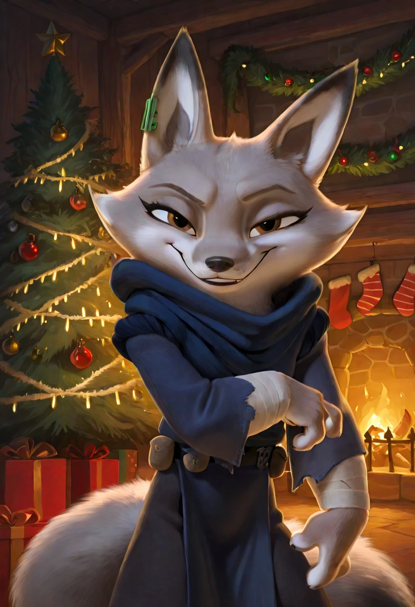 source_furry, best quality, amazing quality, detailed background, masterpiece, 1girl, looking at viewer, solo, ( sexy pose, seductive smile, seductive look, horny :1.1),hooded blue tunic, black belt, baggy trousers, zhen, fox girl, fox ears,brown eyes, gray and white fur, fox tail, jade earring, room, christmas decorations, christmas tree, christmas lights, huge filesize, <lora:ZhenIL:1>