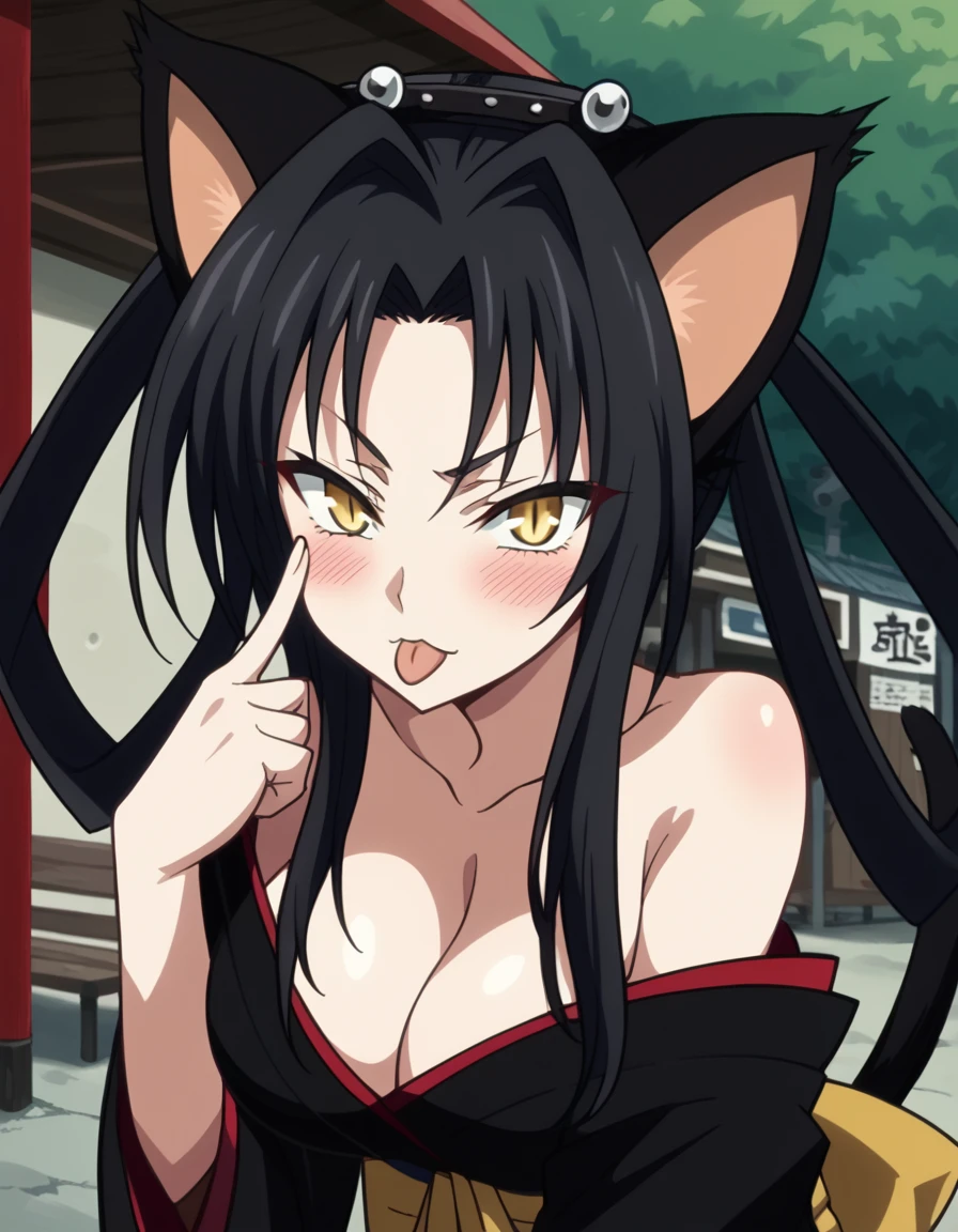 score_9, score_8_up, score_7_up, source_anime, <lora:dxd-kuroka-s3-ponyxl-lora-nochekaiser:1>, kuroka, long hair, black hair, animal ears, tail, cat ears, cat tail, multiple tails, hair rings, nekomata, yellow eyes, slit pupils, parted bangs, sidelocks, anime screencap,, large breasts, cleavage, bare shoulders, japanese clothes, kimono, off shoulder, sash,, bus stop, waiting, benches, shelter, route, , <lora:akanbe-ponyxl-lora-nochekaiser:1>, akanbe, eyelid pull, finger to eye, tongue out, :p, tongue, ;p, blush, leaning forward, bent over, from side,, looking at viewer, solo,, dutch angle, cowboy shot