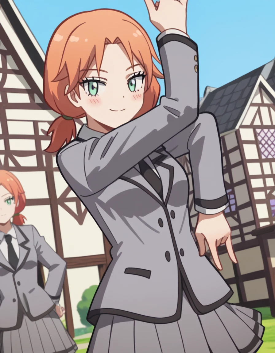 score_9, score_8_up, score_7_up, source_anime, <lora:rinka-hayami-s1s2-ponyxl-lora-nochekaiser:1>, rinka hayami, twintails, green eyes, orange hair, medium breasts, anime screencap,, blazer, grey blazer, skirt, school uniform, pleated skirt, necktie, grey skirt, black necktie, white shirt, collared shirt, long sleeves,, village, houses, community, rural, farms, smile, <lora:killer-queens-pose-ponyxl-lora-nochekaiser:1>, killer queens pose, killer queens's pose (jojo), jojo pose, arm up, hand up, \n/, double \n/, arm down, hand down, blush, smile, cowboy shot,, looking at viewer, solo,, dutch angle, cowboy shot