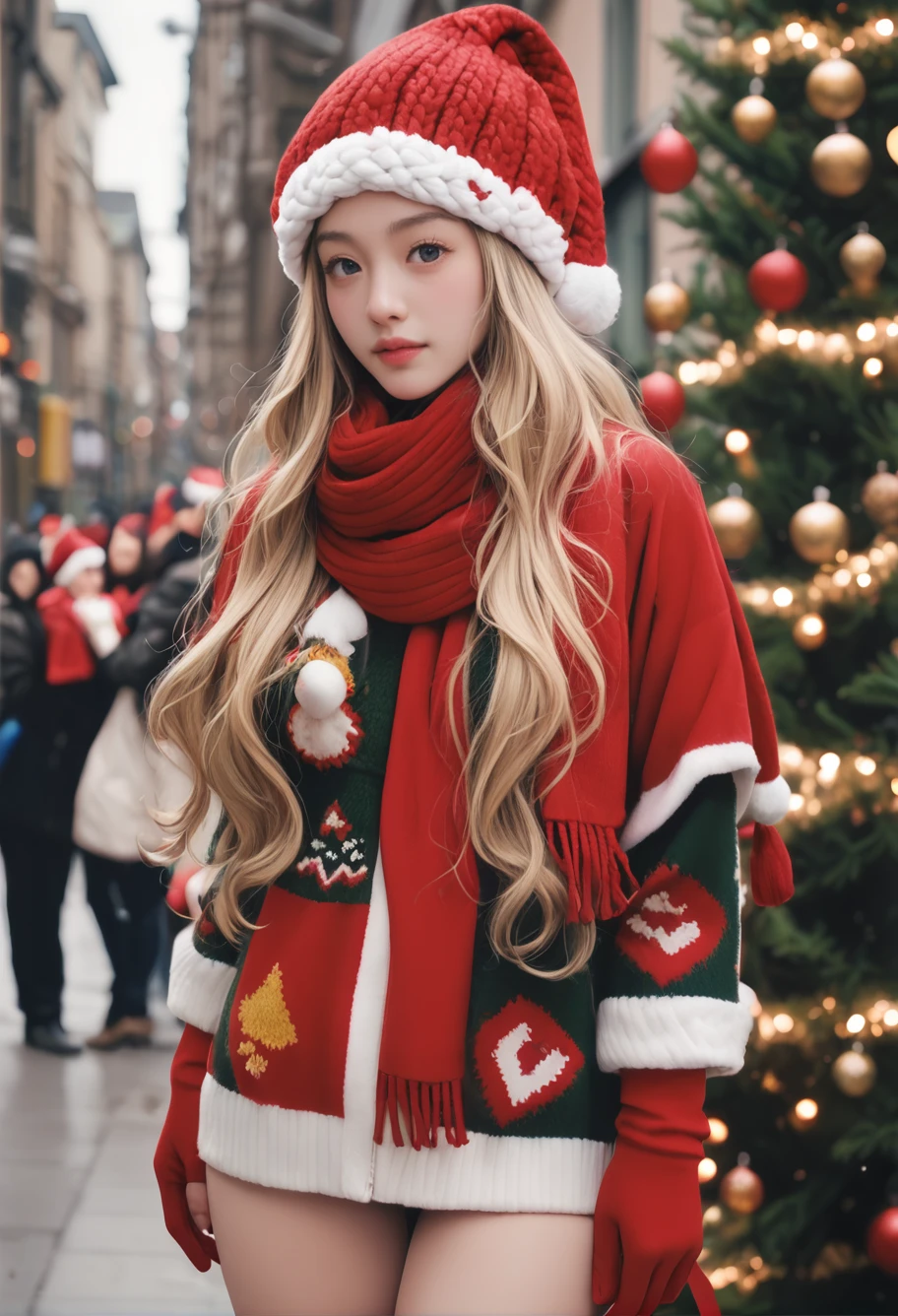 Araffe girl in a santa hat and scarf standing in front of a christmas ...