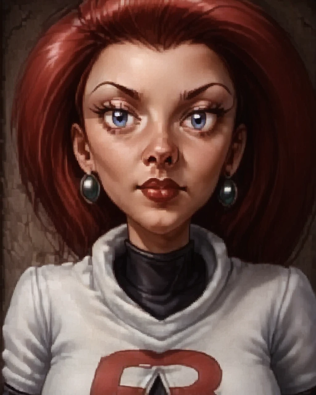 <lora:Illustrious_-_Baldurs_Gate_I_-_Portraits_-_1998:1.0> baldur's gate official portrait, character, solo,  <lora:PMJessie:1> anime screencap, anime coloring, PMJessie, red hair, long hair, earrings, blue eyes, red lips, breasts, team rocket uniform, jacket, white jacket, black crop top, elbow gloves, black gloves,