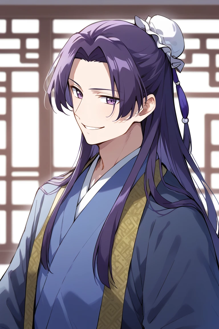 1boy,solo,male focus,jinshi,purple hair,long hair,purple eyes,hair bun,chinese clothes,smile