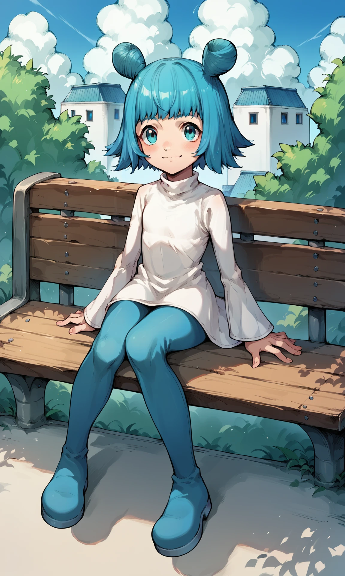 score_9, score_8_up, score_7_up, source_anime, jovixd, 1girl, solo, blue hair, blue eyes, short hair, double bun, white dress, long sleeves, blue leggings, outdoors, white building, bushes, wooden fence, full body, sitting on bench, looking at viewer, smile, closed mouth, 