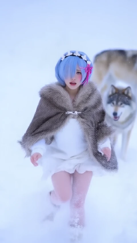 a high-definition realistic video of Rem, with her short, light blue hair styled with a side-swept fringe and a pink ribbon, sprints across a vast, snowy plain. She wears a fur-lined winter cloak over a snug white dress, her boots kicking up sprays of snow as she runs.

Her sky-blue eyes are wide with urgency, and her breath is visible in the freezing air. Behind her, shadows of wolf-like creatures emerge from the snowstorm, their howls echoing through the cold wind. The camera follows her from behind, capturing her determined movements against the endless expanse of white.