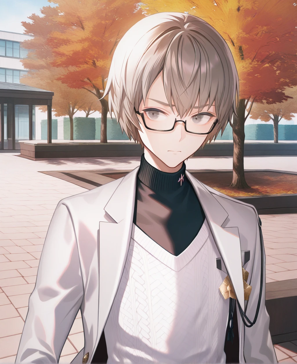 artist:gomzi,artist:wanke,artist:diyokama, rei_(sanbonzakura),[[artist:fuzichoco]],year 2023, 
1boy, solo,
hibiki kensuke, grey eyes, blonde hair, short hair, black-framed eyewear, under-rim eyewear, sunglasses, jacket on shoulders, black shirt, white sweater, grey blazer, medal, 
upper body, park, 