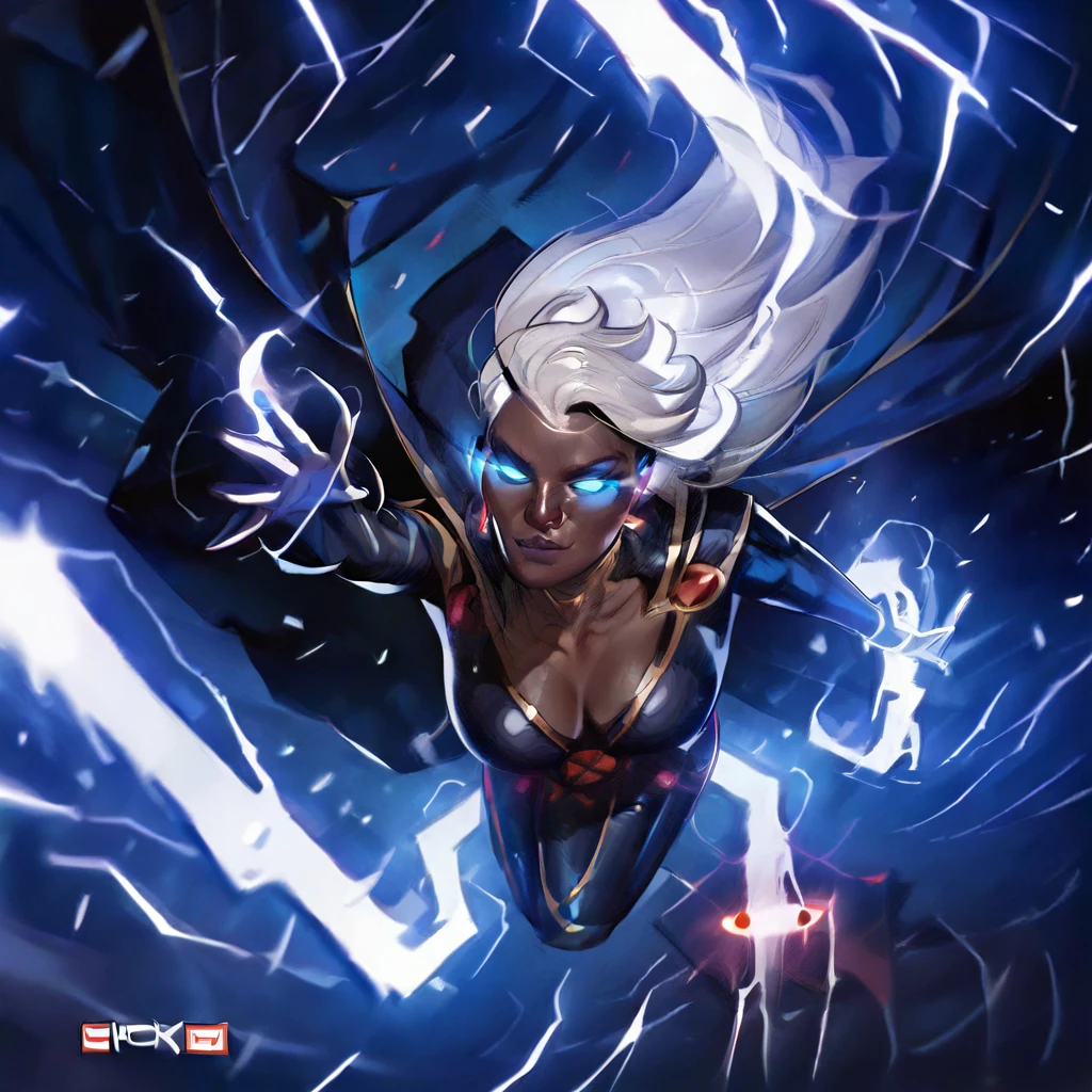 "0" :"p1n7p, 1girl, breasts, solo, dark-skinned female, cape, dark skin, long hair, cleavage, blue eyes, white hair, glowing eyes, superhero, glowing, makeup, cover, cover page, p1n7p,Score_9, Score_8_up, Score_7_up, Score_6_up",

