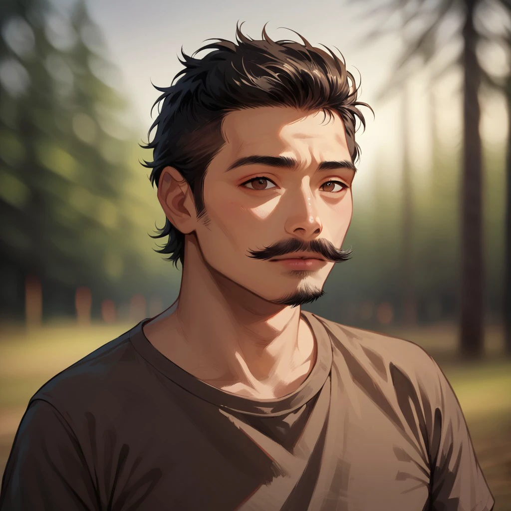 (((detailed, beautiful, high quality))), score_9, score_8_up, score_7_up, upper body,
(depth of field, dynamic lighting),
human,
1 male, asian appearance, brown eyes, black hair, mustache and goatee, brown T-shirt,
looking at the viewer, posing,
blurred background, fantasy background, dark background, forest,