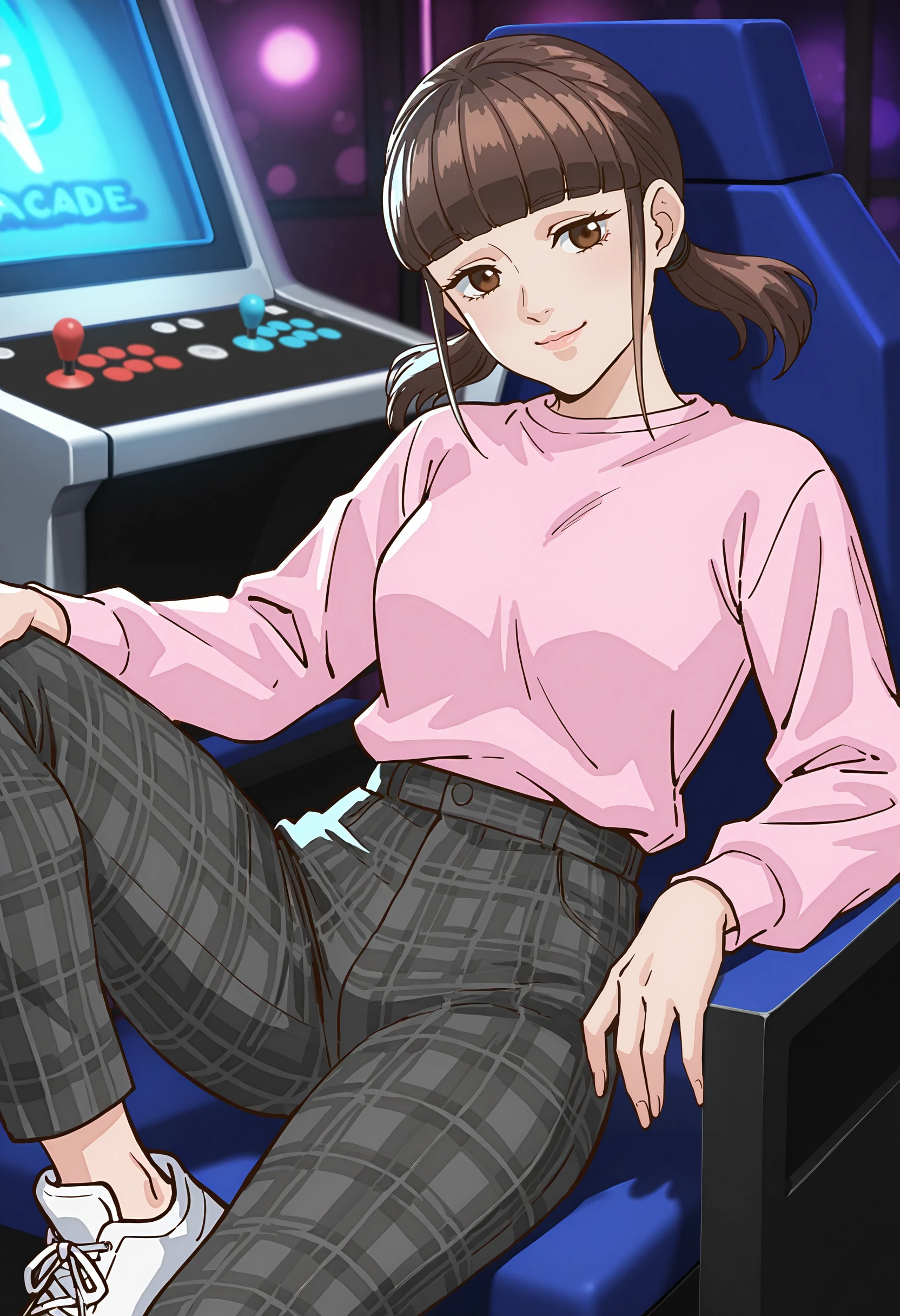 perfect quality, high quality, masterpiece, absolutely eye-catching BREAK
<lora:Trillion_Game_-_Futaba:1> trillionfutaba, brown hair, blunt bangs, short twintails, brown eyes BREAK
monochrome plaid pants, pink shirt, long sleeves, white sneakers BREAK
arcade, arcade cabinet, dark room with neon lights BREAK
light smile, sitting at an arcade cabinet, reclining, bokeh, blurry background, cowboy shot, head tilt, looking at viewer