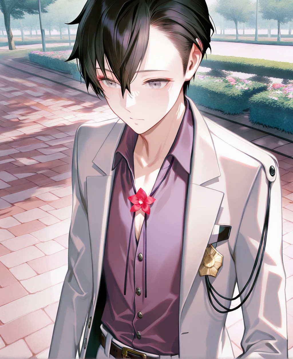 artist:gomzi,artist:wanke,artist:diyokama, rei_(sanbonzakura),[[artist:fuzichoco]],year 2023, 
park, solo,
male protagonist \(caligula\), grey eyes, black hair, short hair, flower necklace, purple shirt, grey blazer, medal, belt,
upper body, 