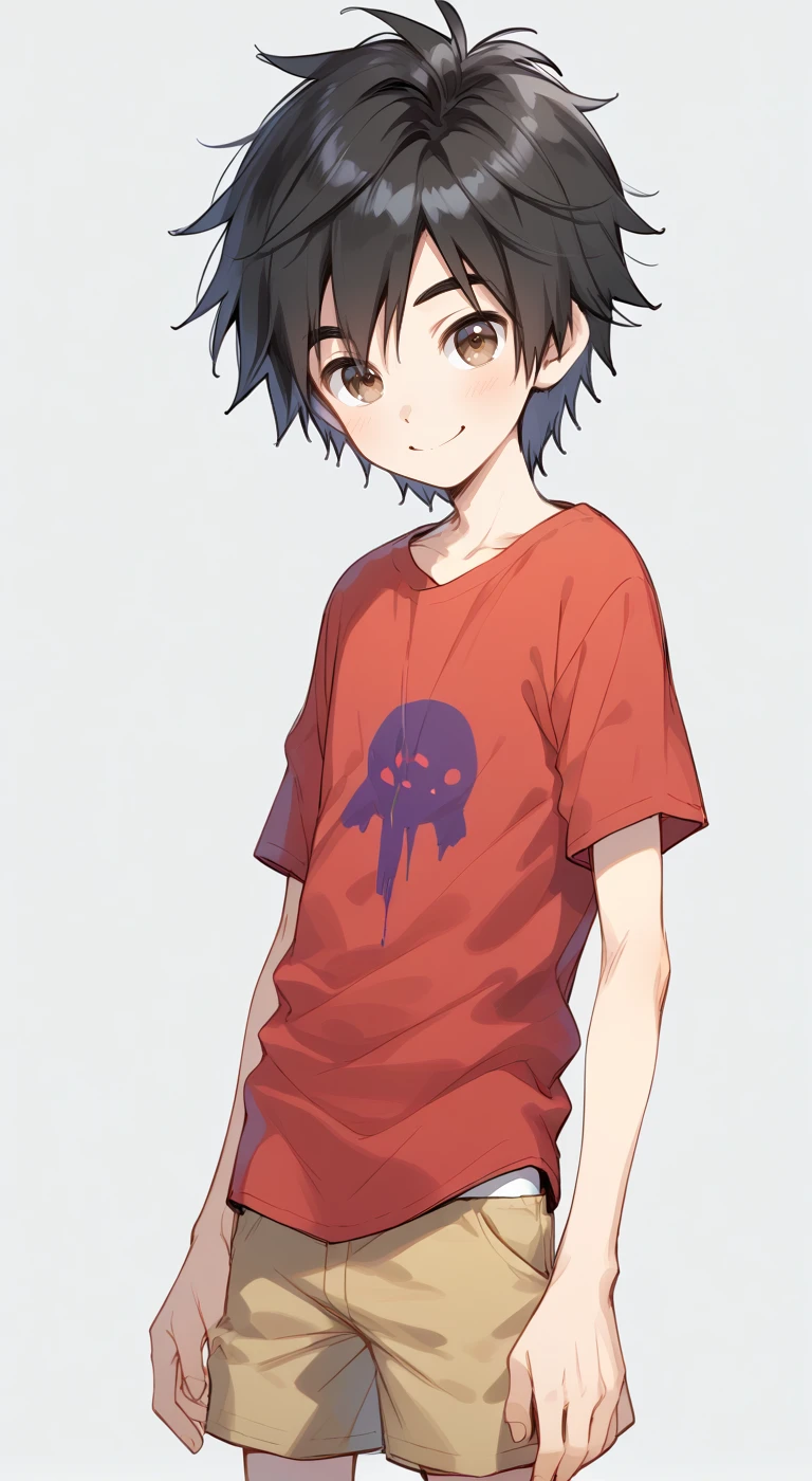 1boy,solo,male focus,hiro hamada,black hair,brown eyes,red t-shirt,shorts,smile